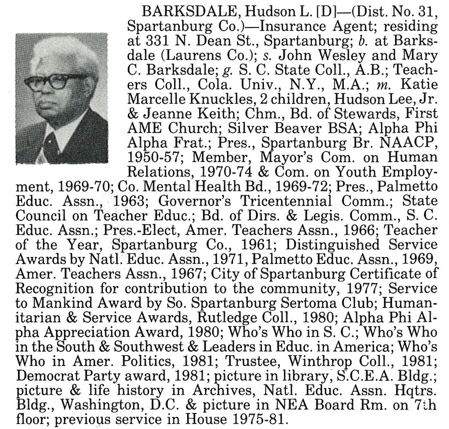 Representative Hudson L. Barksdale biorgraphy