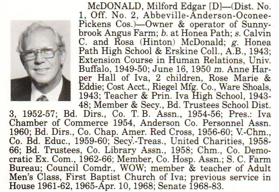 Senator Milford Edgar McDonald biorgraphy