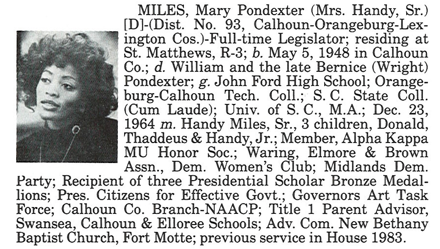 Representative Mary Pondexter Miles biorgraphy
