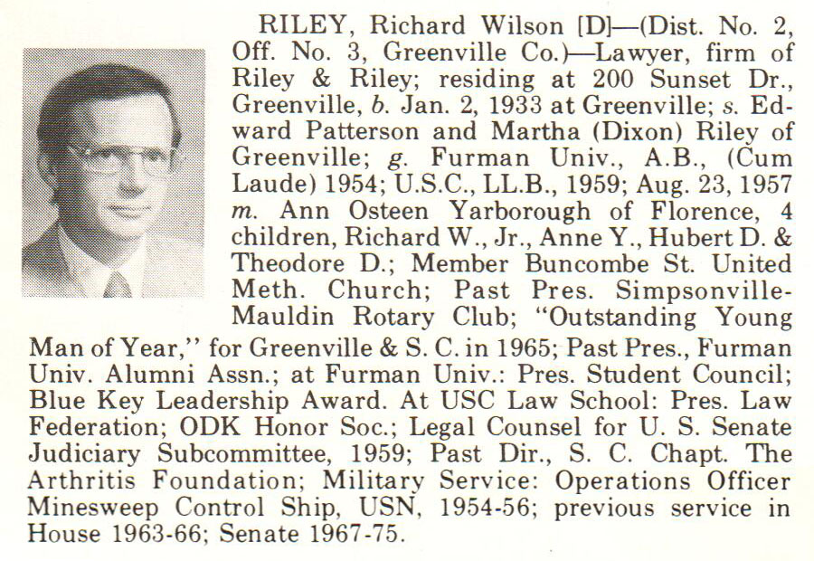 Senator Richard Wilson Riley biorgraphy