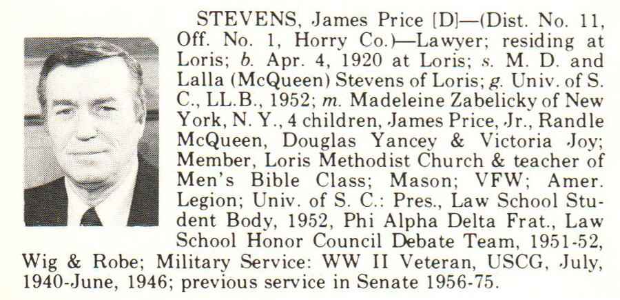 Senator James Price Stevens biorgraphy