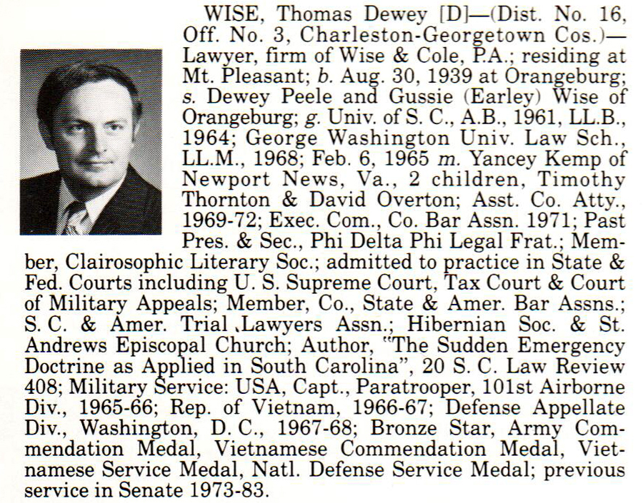 Senator Thomas Dewey Wise biorgraphy