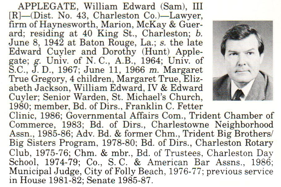 Senator Willam Edward "Sam" Applegate III biorgraphy