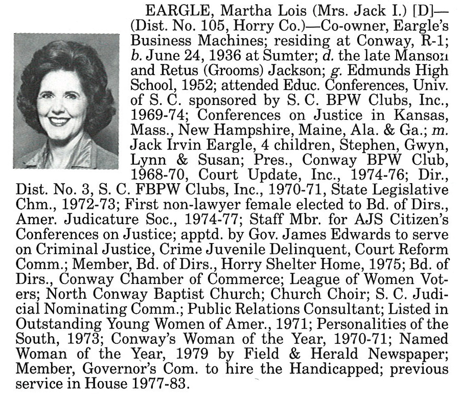 Representative Martha Lois Eargle biorgraphy