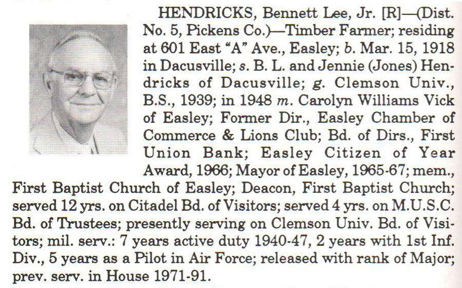 Representative Bennett Lee Hendricks, Jr. biorgraphy