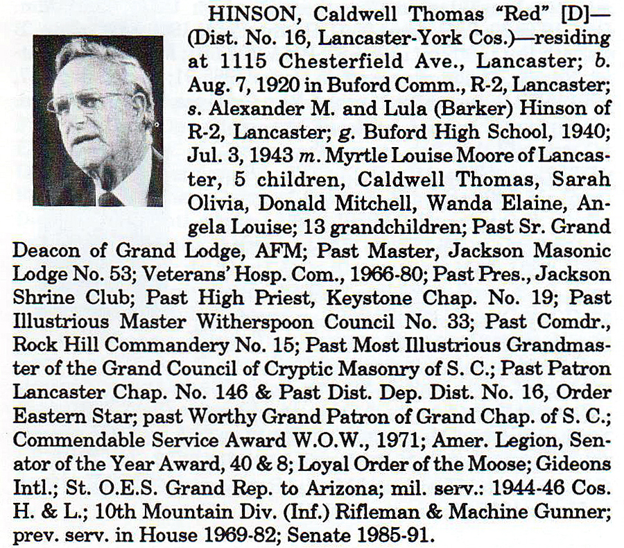 Senator Caldwell Thomas "Red" Hinson biorgraphy