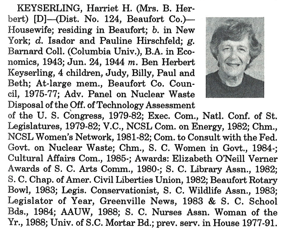 Representative Harriet H. Keyserling biorgraphy